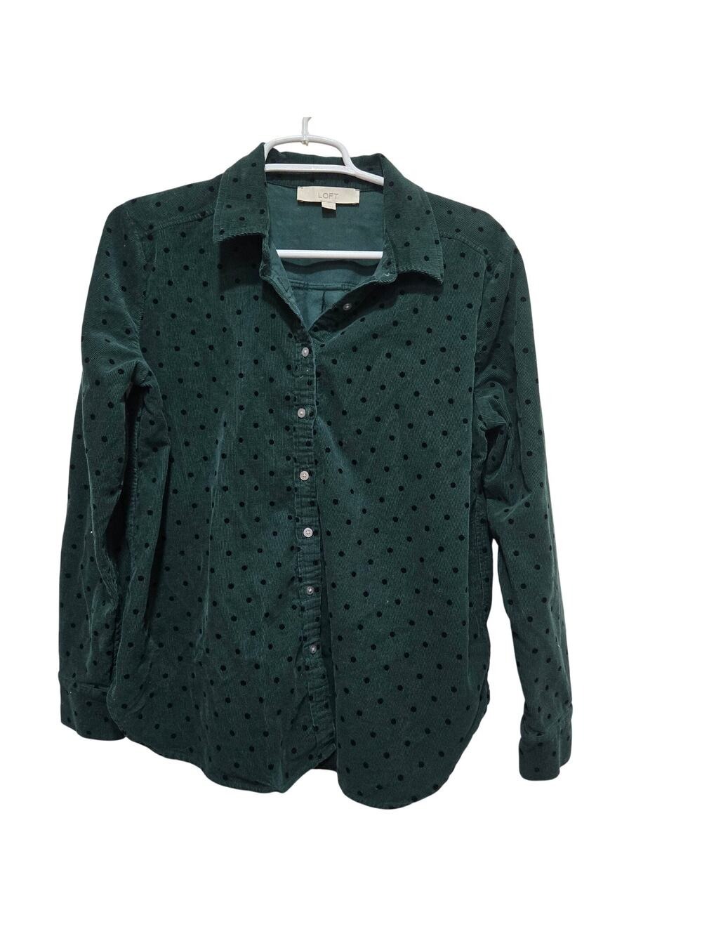 LOFT Green Corduroy Flocked Polka Dot Shirt M